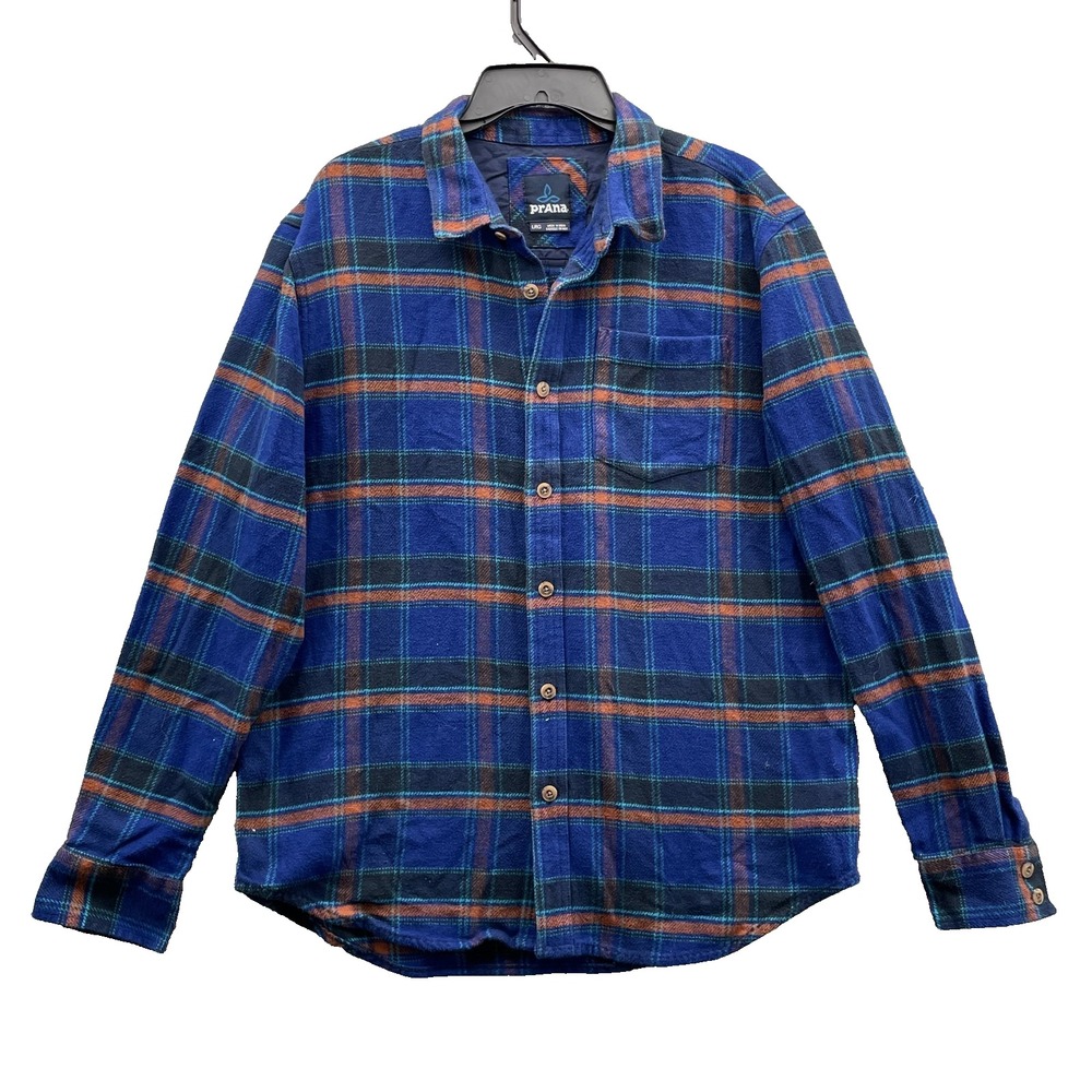 PrAna Flannel Shirt Men Large Blue Plaid Organic Cotton Logger Gorpcore Outdoots